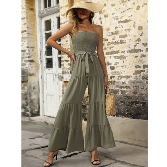 MODA ME COUTURE Dresses & Skirts - BOHO Shirred Belted Tube Wide Leg Jumpsuit green